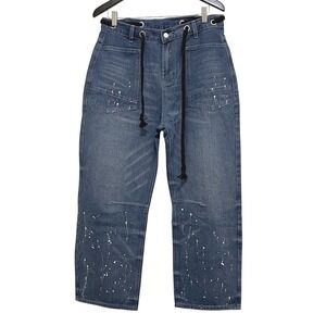 Barrel Jeans Drawstring Waist Dark Wash Paint Splatter Utility Streetwear‎ Large
